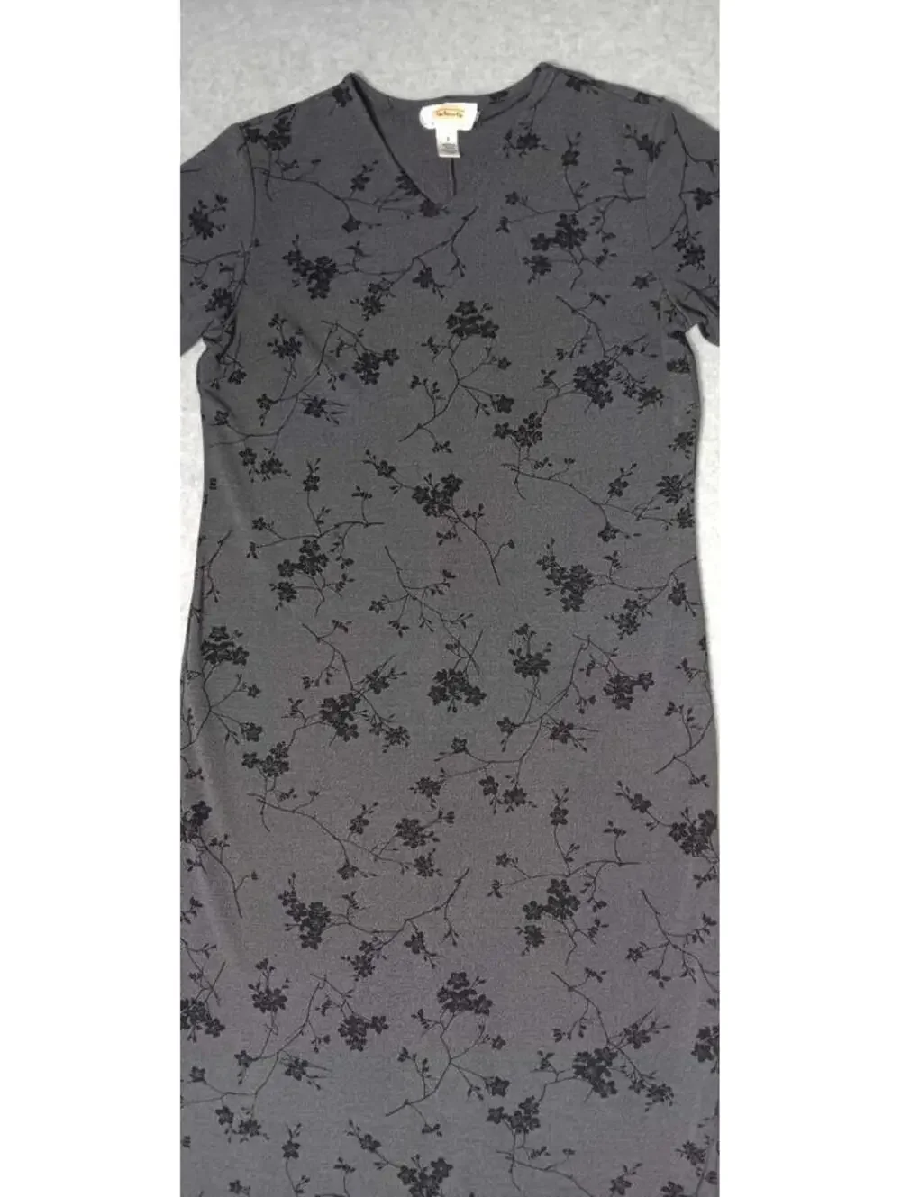 Talbots Petites Maxi Dress Womens Size P Grey Gray With Black Flowers Vneck...